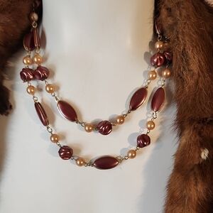 Vintage | Hong Kong Maroon / Brown / Gold Beaded Necklace 18" MCM